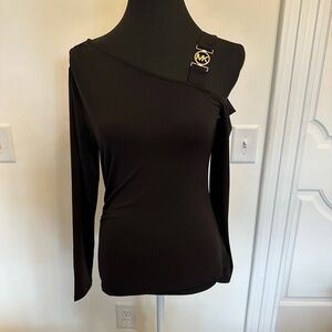 MICHAEL Michael Kors Asymmetrical One Shoulder Going Out Top Gold MK Logo NEW